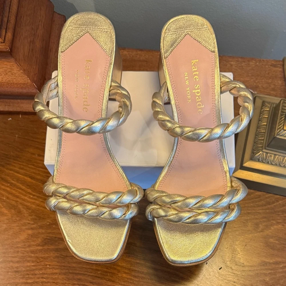 Kate Spade Nina Metallic Gold Leather Braided Block Heel Sandals Size 8 - Picture 3 of 11